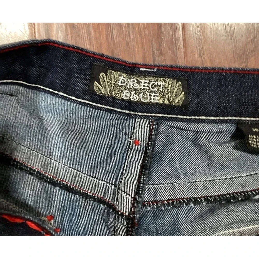 Direct Blue Denim Jean  Shorts 36 Y2K Baggy Embroidered Pockets With Rhinestones